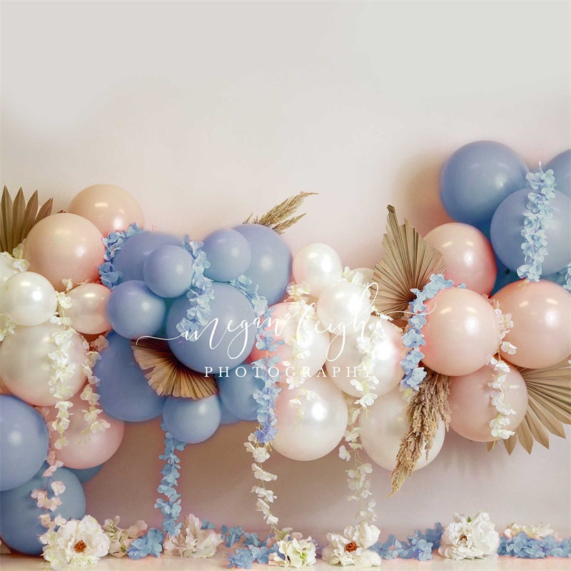 Kate Blue Floral Balloons Garland Backdrop Designed by Megan Leigh Photography
