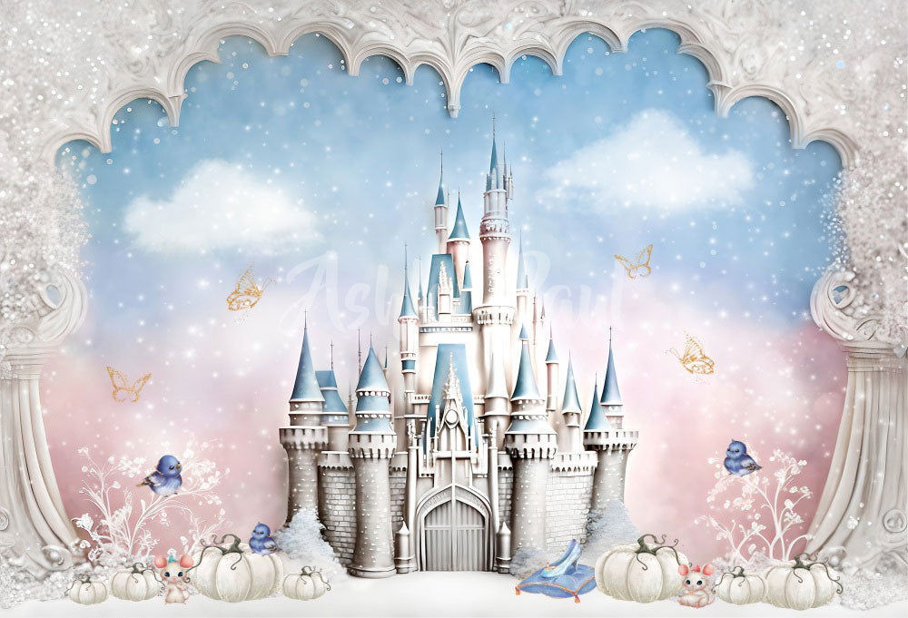 Kate Princess Castle Blue pink Backdrop Designed by Ashley Paul -UK