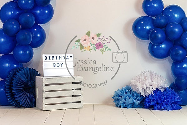Kate Birthday Cake Smash Blue Balloons Boy Backdrop Designed by Jessica Evangeline Photography