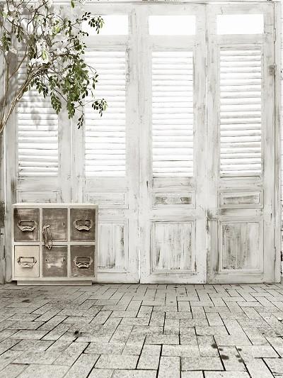 Katebackdrop£ºKate White Brick Floor Wooden Door Indoor Wedding Backdrops