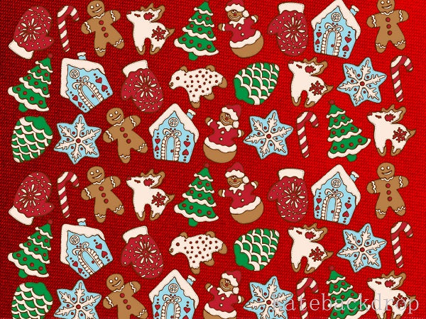 Christmas Gingerbread Cookies with Texture Red background Christmas Tree Snowflake Deer and Snowman Backdrop