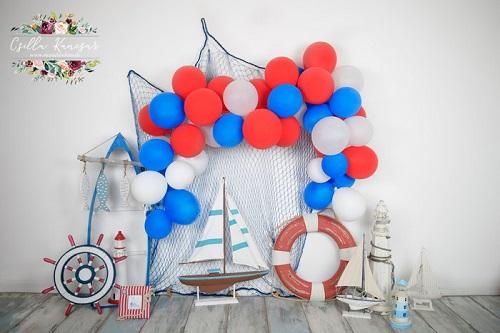 Kate Sailor Backdrop Blue&Red Balloons Sailboat Designed by Csilla Kancsar