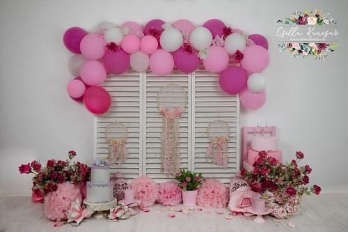 Kate Cake Smash Backdrop Pink Florals Balloons Designed by Csilla Kancsar