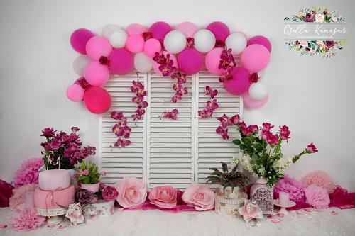Kate Cake Smash Backdrop Pink Balloons Florals Designed by Csilla Kancsar