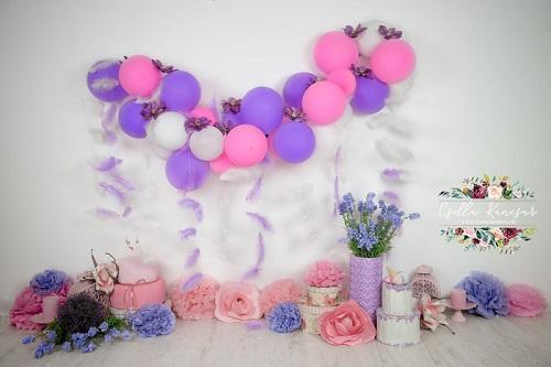 Kate Cake Smash Backdrop Balloons Purple Feathers Designed by Csilla Kancsar