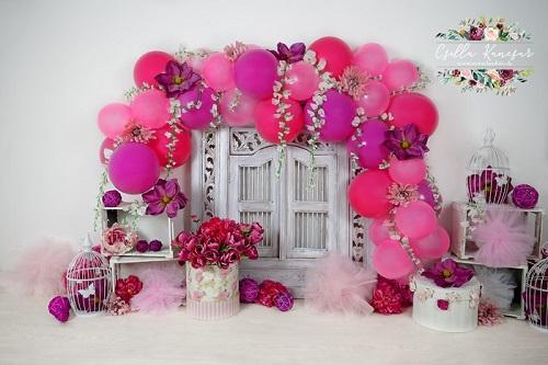 Kate Cake Smash Backdrop Balloons Purple Florals Designed by Csilla Kancsar