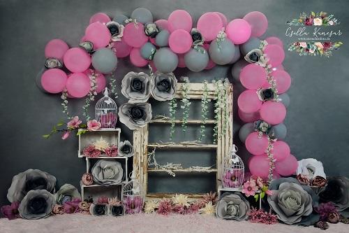 Kate Cake Smash Backdrop Grey&Pink Balloons Designed by Csilla Kancsar -UK