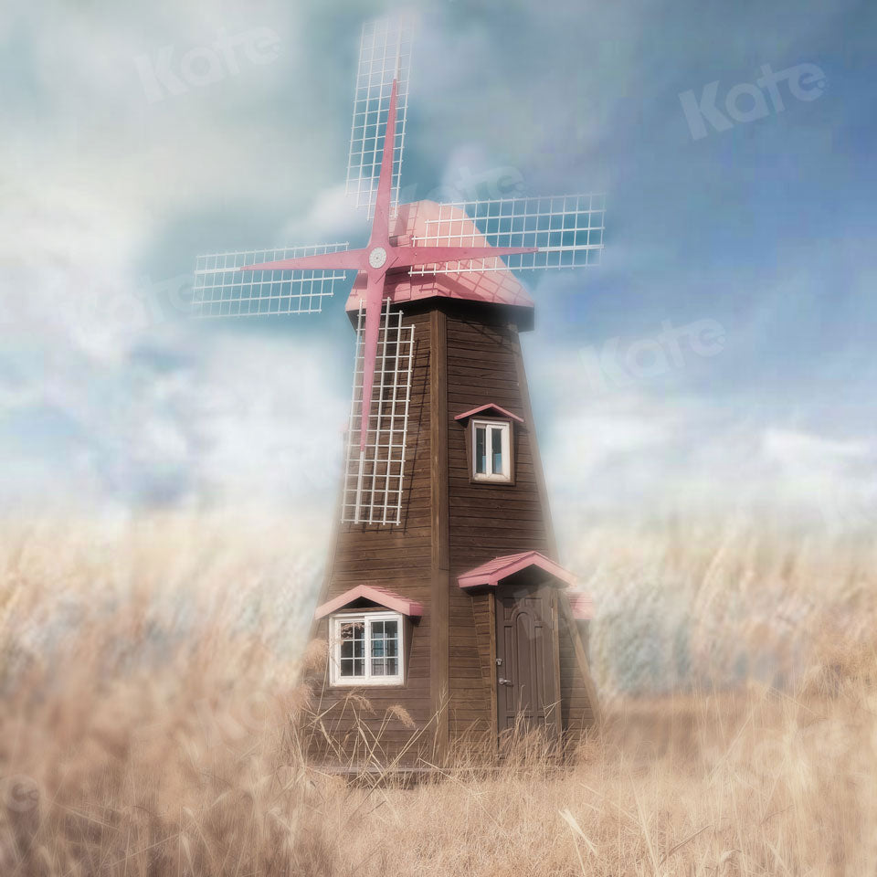 Kate Autumn Backdrop Wheatfield Pink Windmill for Photography