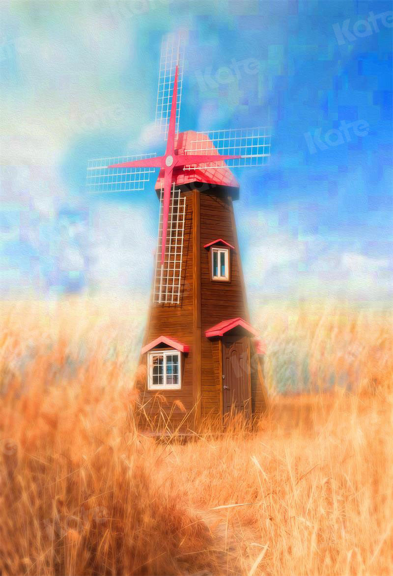 Kate Autumn Backdrop Wheatfield Red Windmill for Photography