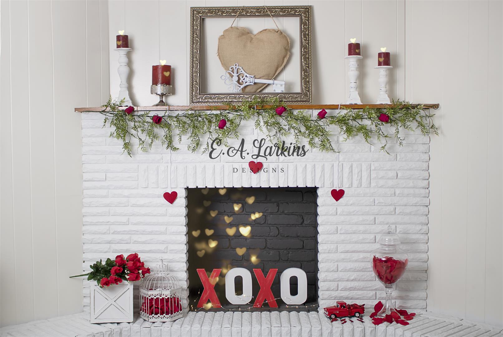 Valentines Fireplace Love Rose Backdrop