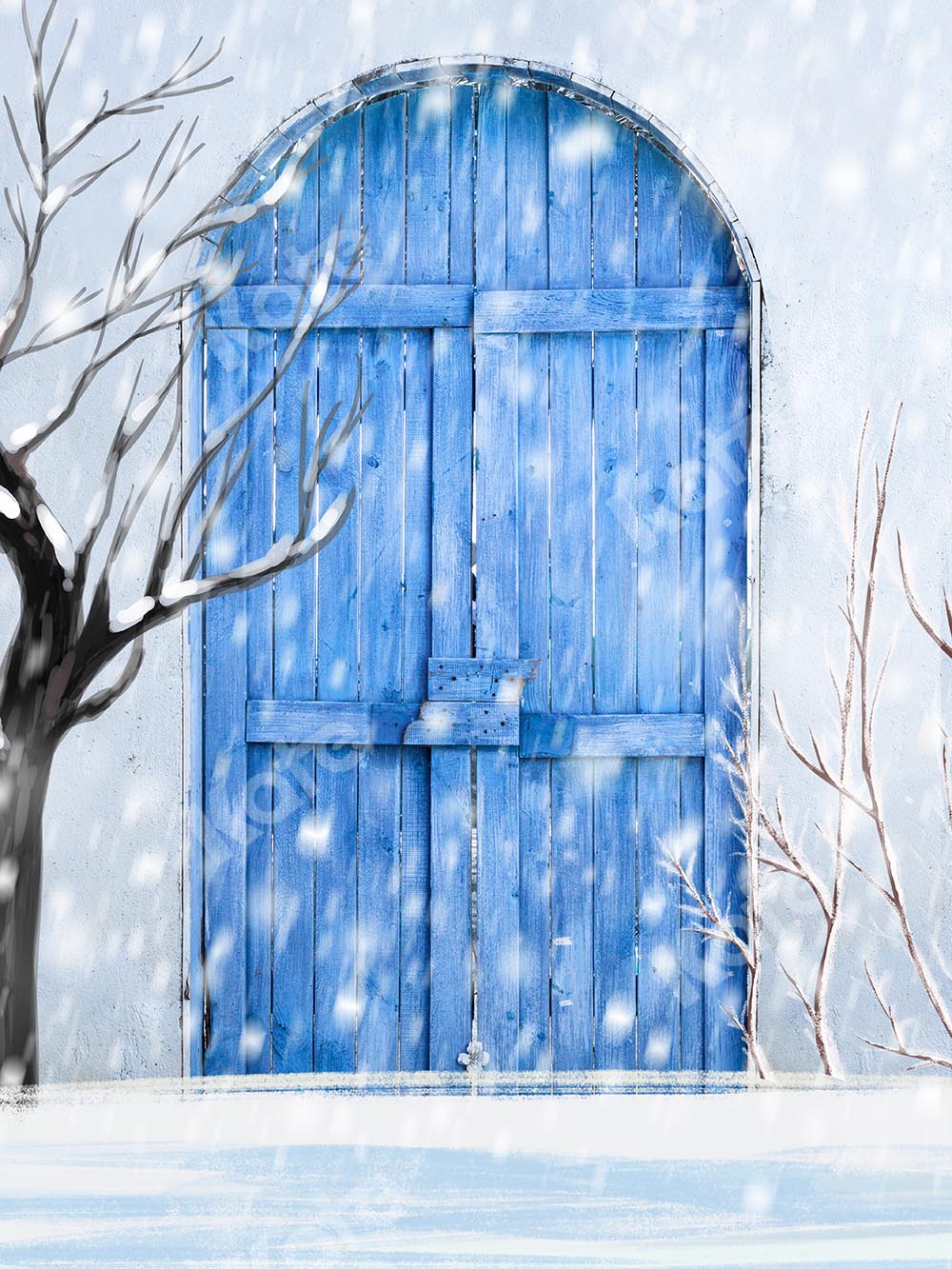Kate Winter Snow Blue Door Backdrop Designed by Chain Photography