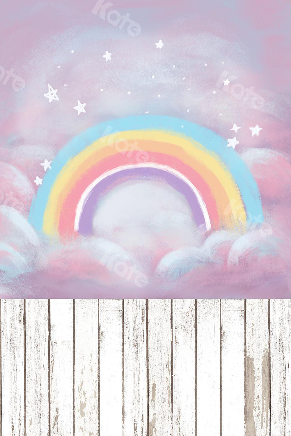 Kate Fantasy Cake Smash Backdrop Rainbow Sky with wood floor part(fabric) Designed by Chain Photography