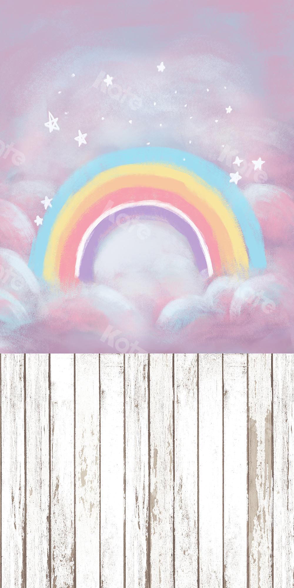 Kate Fantasy Cake Smash Backdrop Rainbow Sky with wood floor part(fabric) Designed by Chain Photography