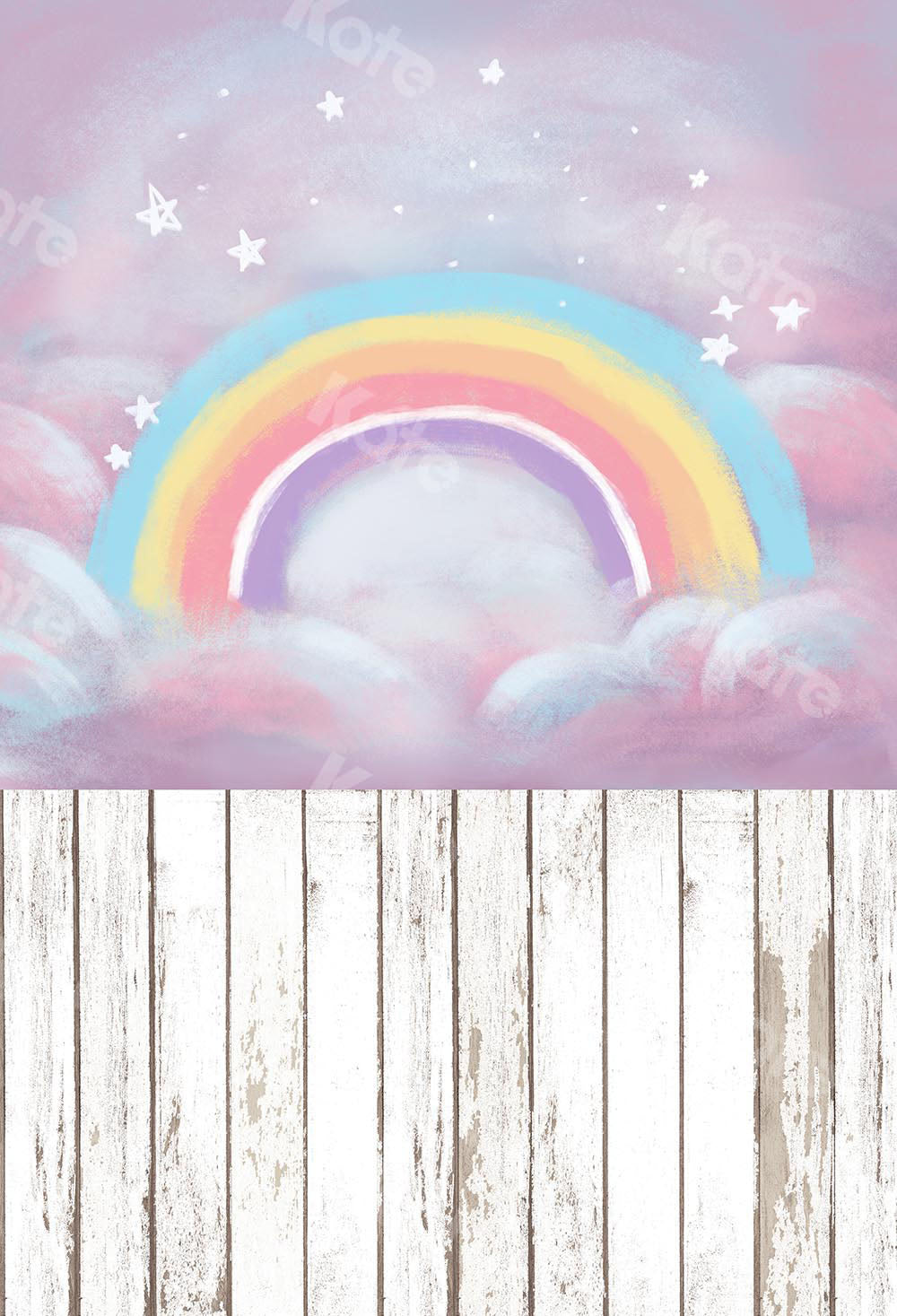 Kate Fantasy Cake Smash Backdrop Rainbow Sky with wood floor part(fabric) Designed by Chain Photography