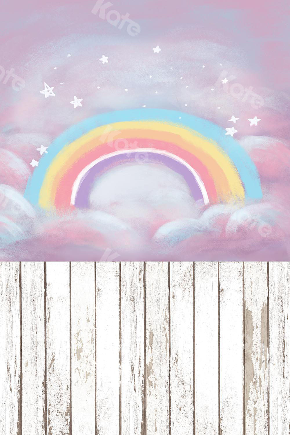 Kate Fantasy Cake Smash Backdrop Rainbow Sky with wood floor part(fabric) Designed by Chain Photography