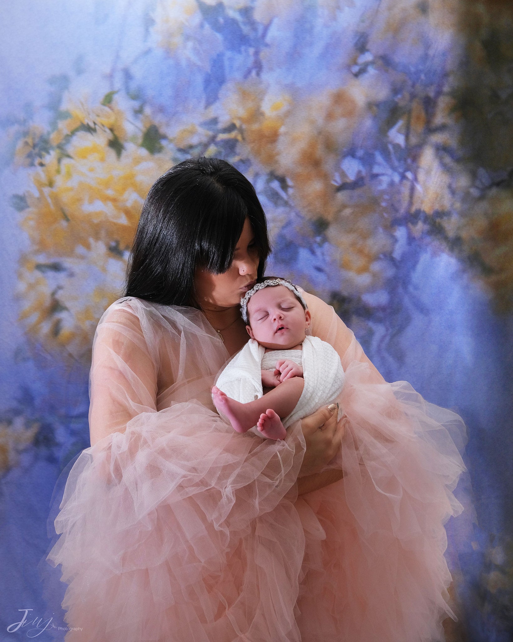 Kate Spring Floral Backdrop with wood floor part (fabric) Designed by Chain Photography -UK