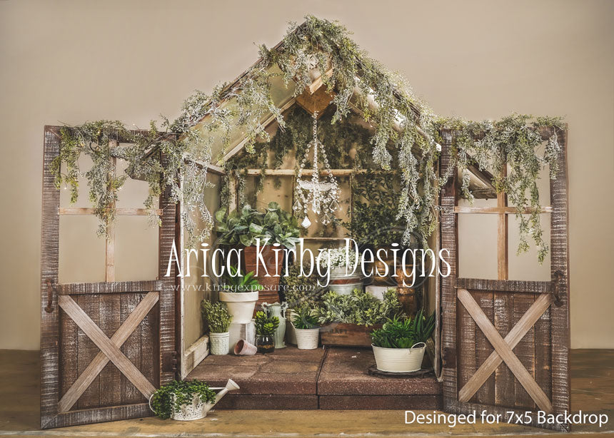 Kate 7x5ft Green House Barn Door Plants Backdrop Designed By Arica Kirby