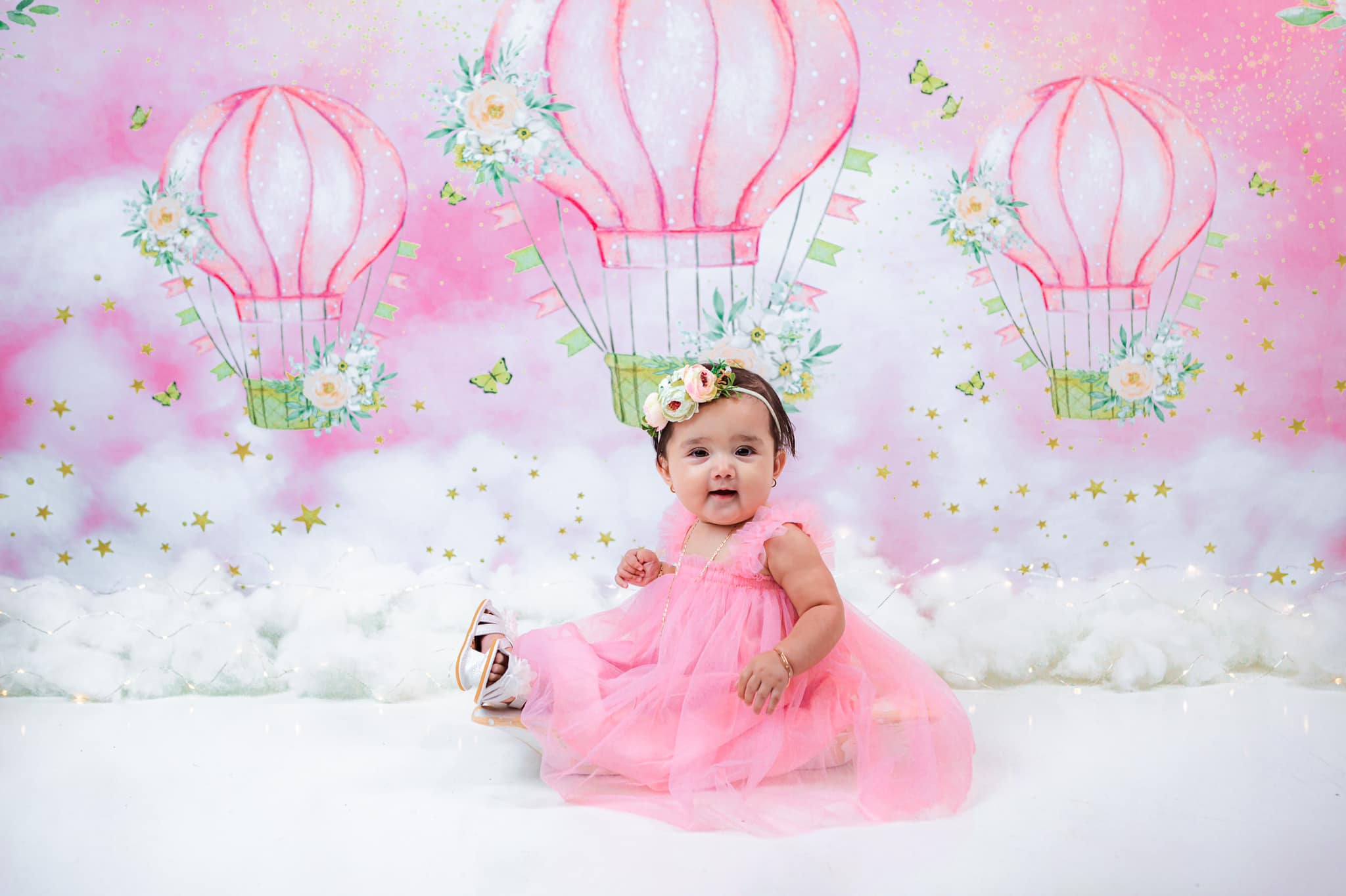 Kate Cake Smash Backdrop Stars Pink Clouds Hot Air Balloons Designed By JS Photography