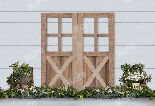 Spring Wood Door with Flowers Backdrop