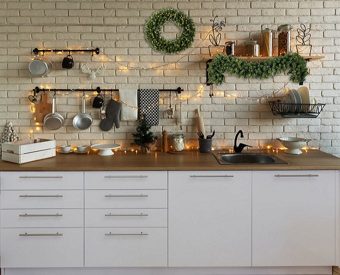 White Wall Christmas Kitchen Backdrop