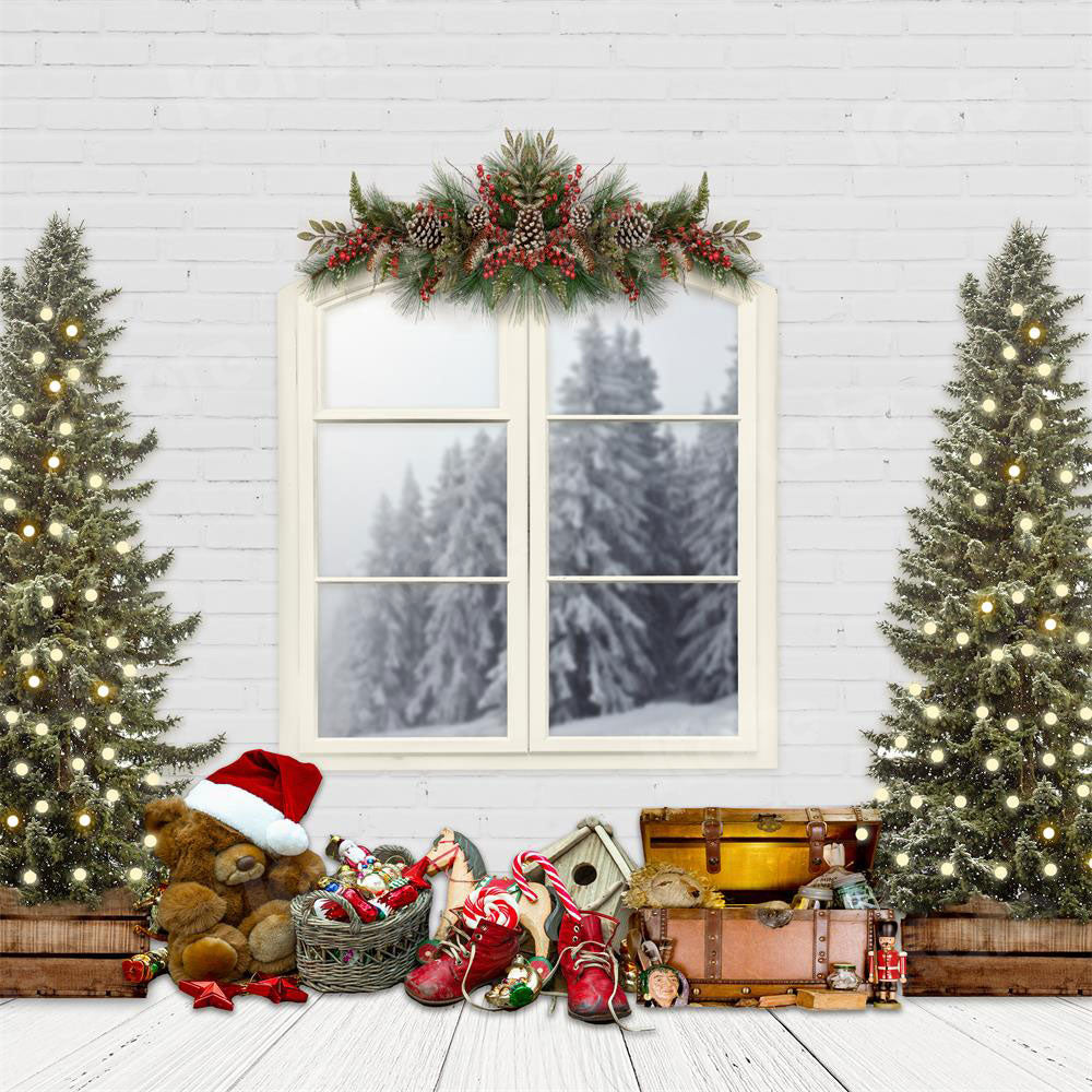 Kate Christmas Backdrop White Windows & Xmas Trees Designed By JS Photography