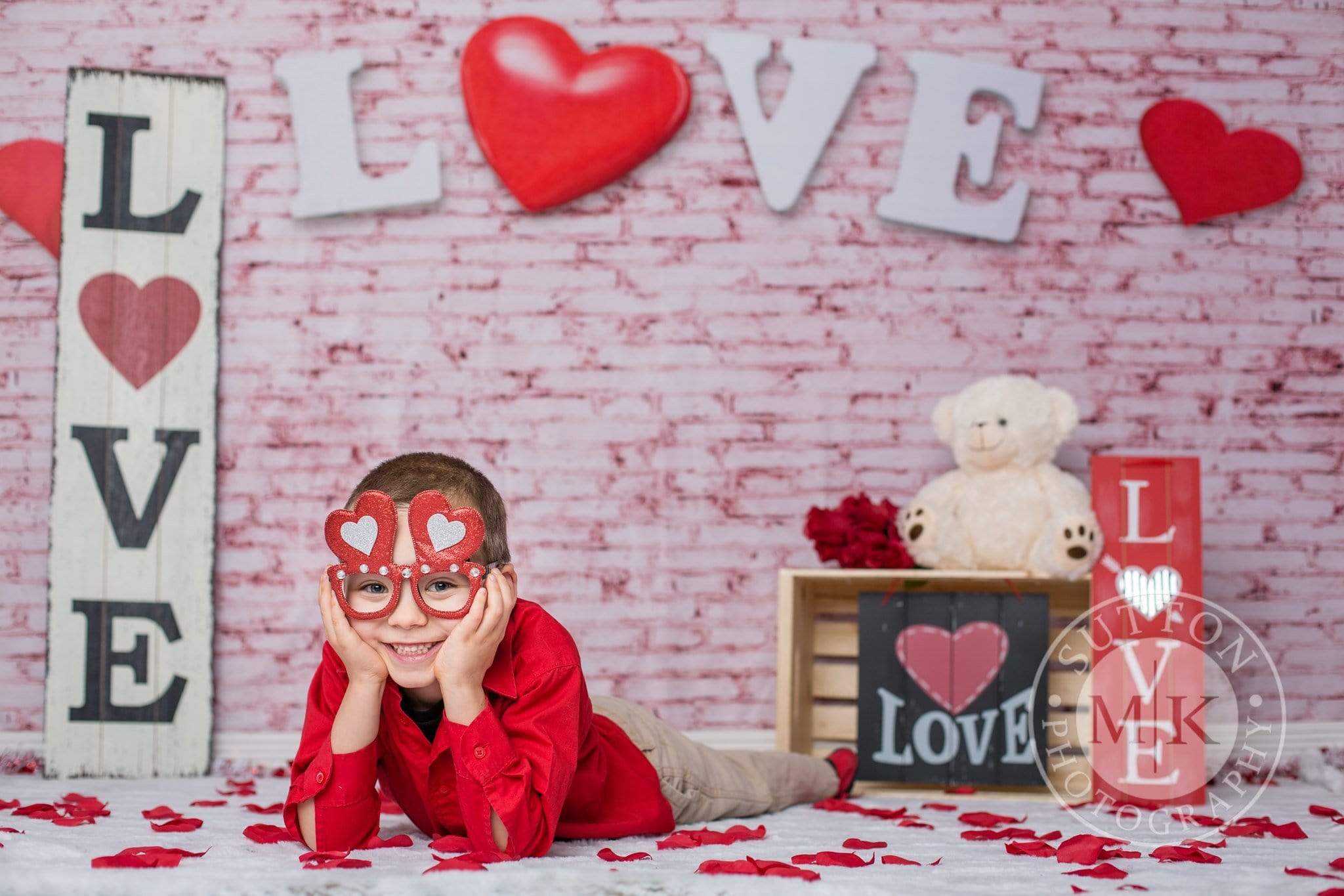 Kate Valentine's Day Pink Brick Wall Red Heart Backdrop