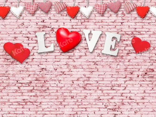 Valentine's Day Pink Brick Wall Red Heart Backdrop