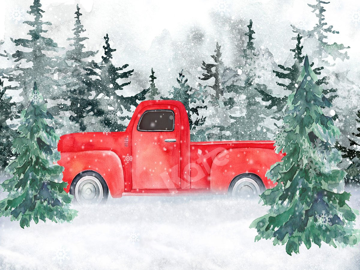 Kate Christmas Red Truck Snow Forest Backdrop for Photography