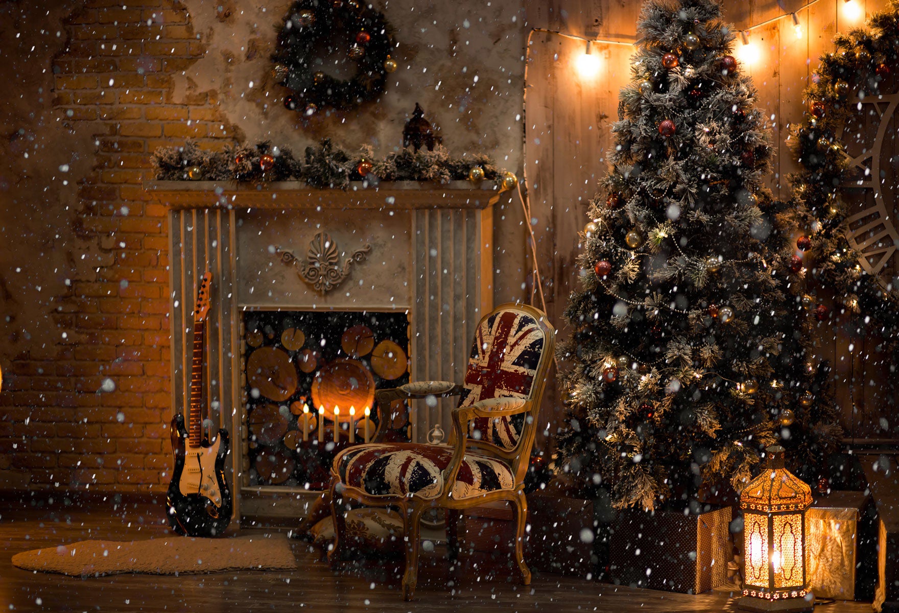 Kate Christmas Snowy Fireplace Backdrops for Photography