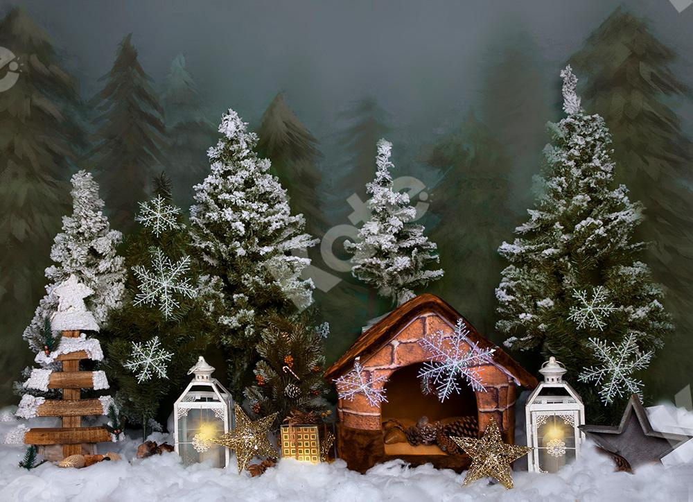 Kate Winter Backdrop Snow Tree with Wooden House for Christmas Designed by Jia Chan Photography