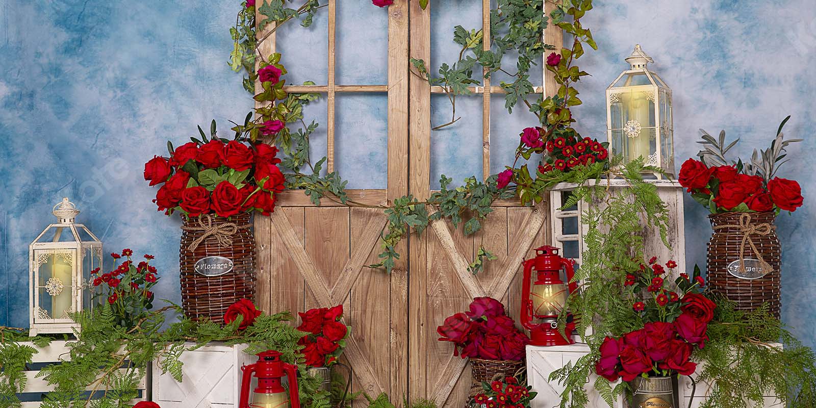Kate Spring Red Rose Flowers Door Blue Backdrop Designed by Emetselch
