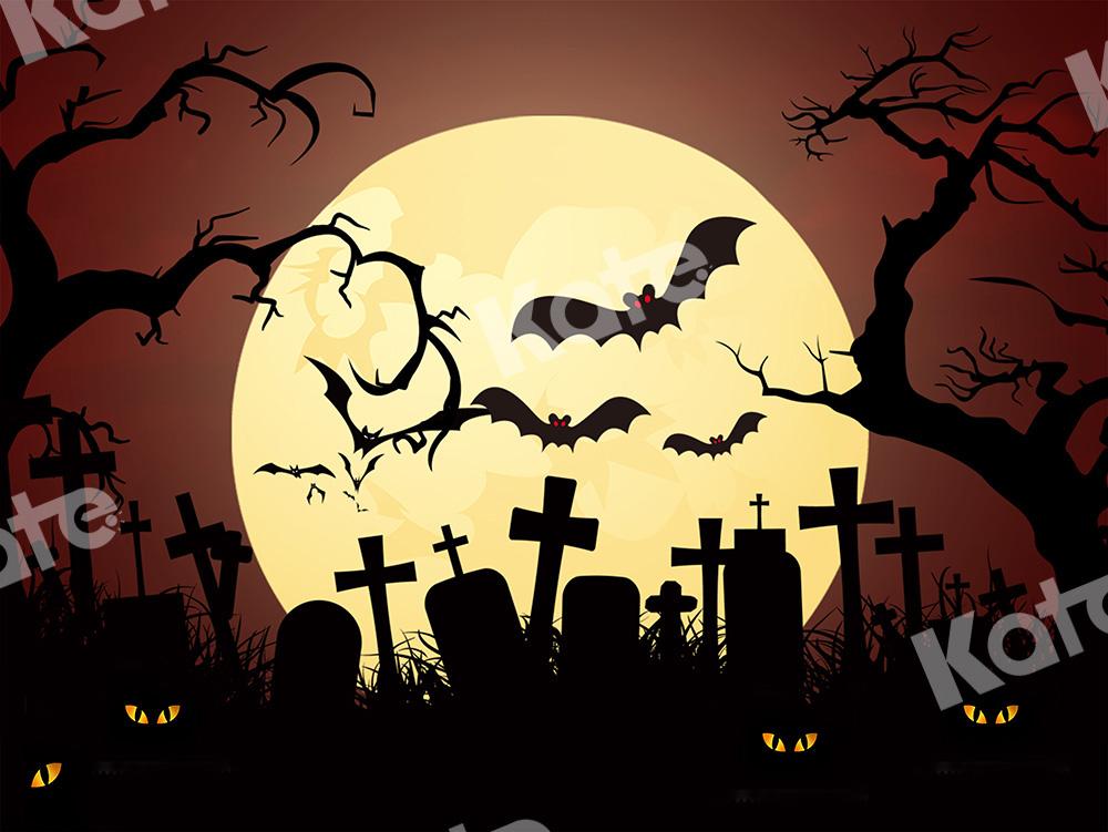 Kate Halloween Backdrop Moon Cemetery Bats Designed by Chain Photography