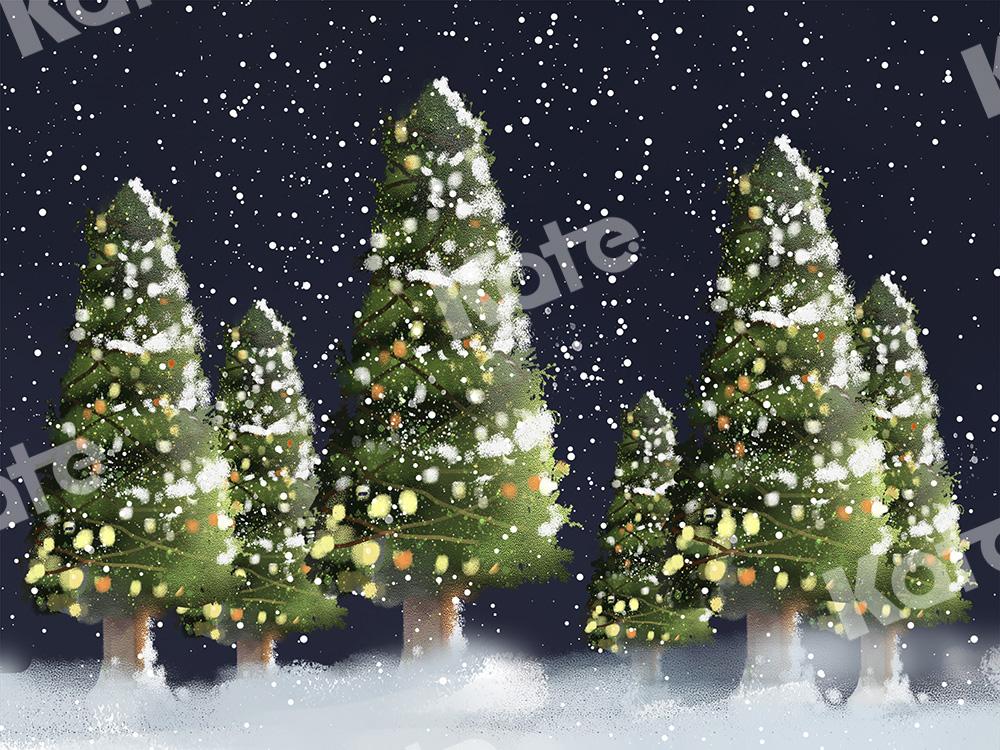 Kate Christmas Trees Lights Snow Night Backdrop Designed by Chain Photography
