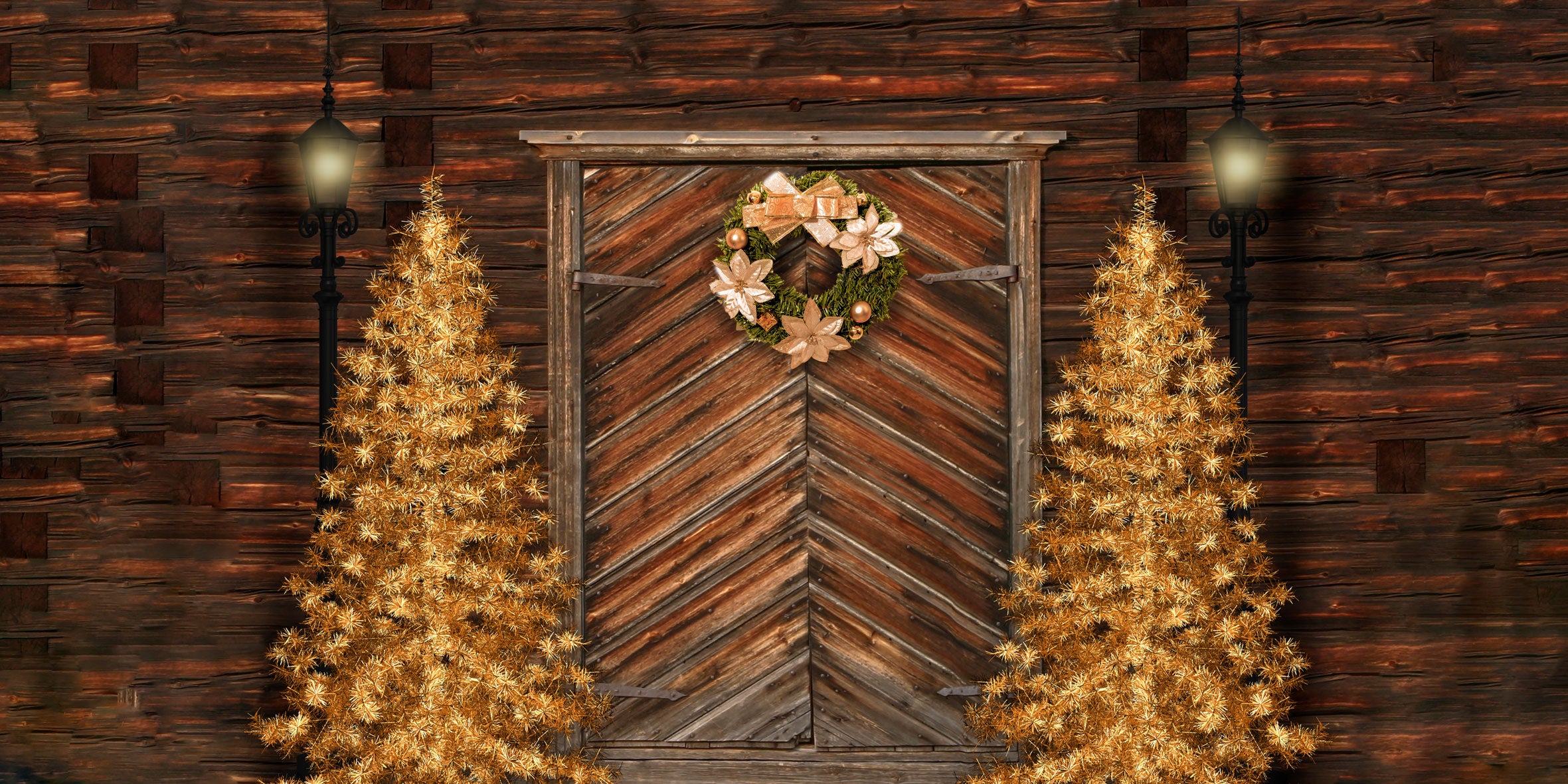 Kate Xmas Backdrop Gold Christmas Trees & Door Designed by Chain Photography