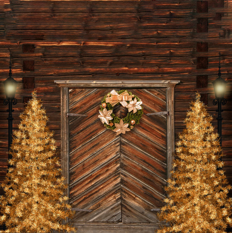 Kate Xmas Backdrop Gold Christmas Trees & Door Designed by Chain Photography