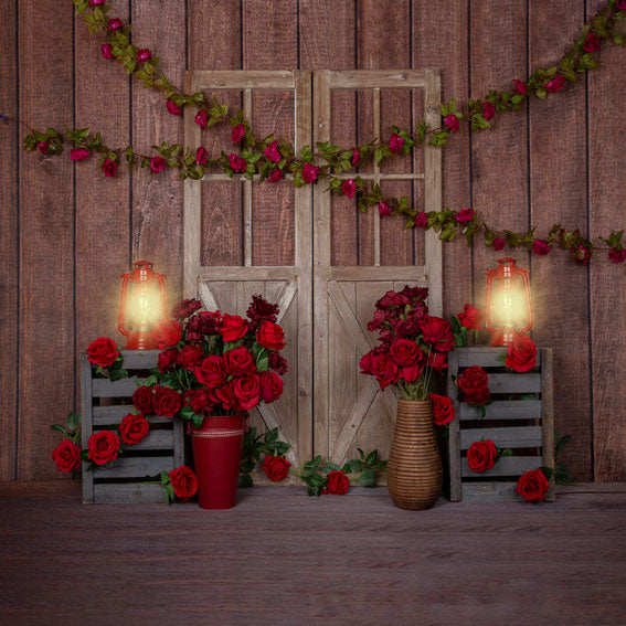 Kate Valentine's Day Red Roses Wood Lights Backdrop Designed by Emetselch