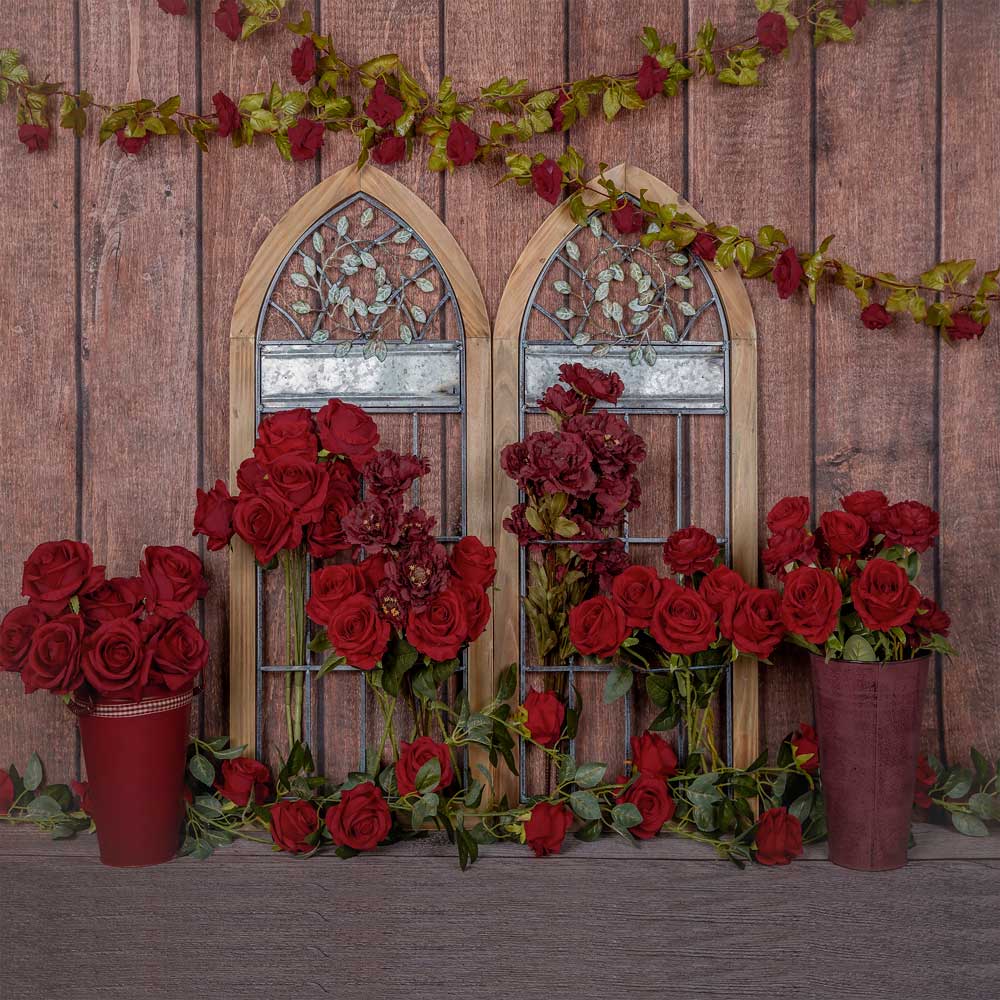 Kate Valentine's Day Red Roses Wood Window Backdrop Designed by Emetselch