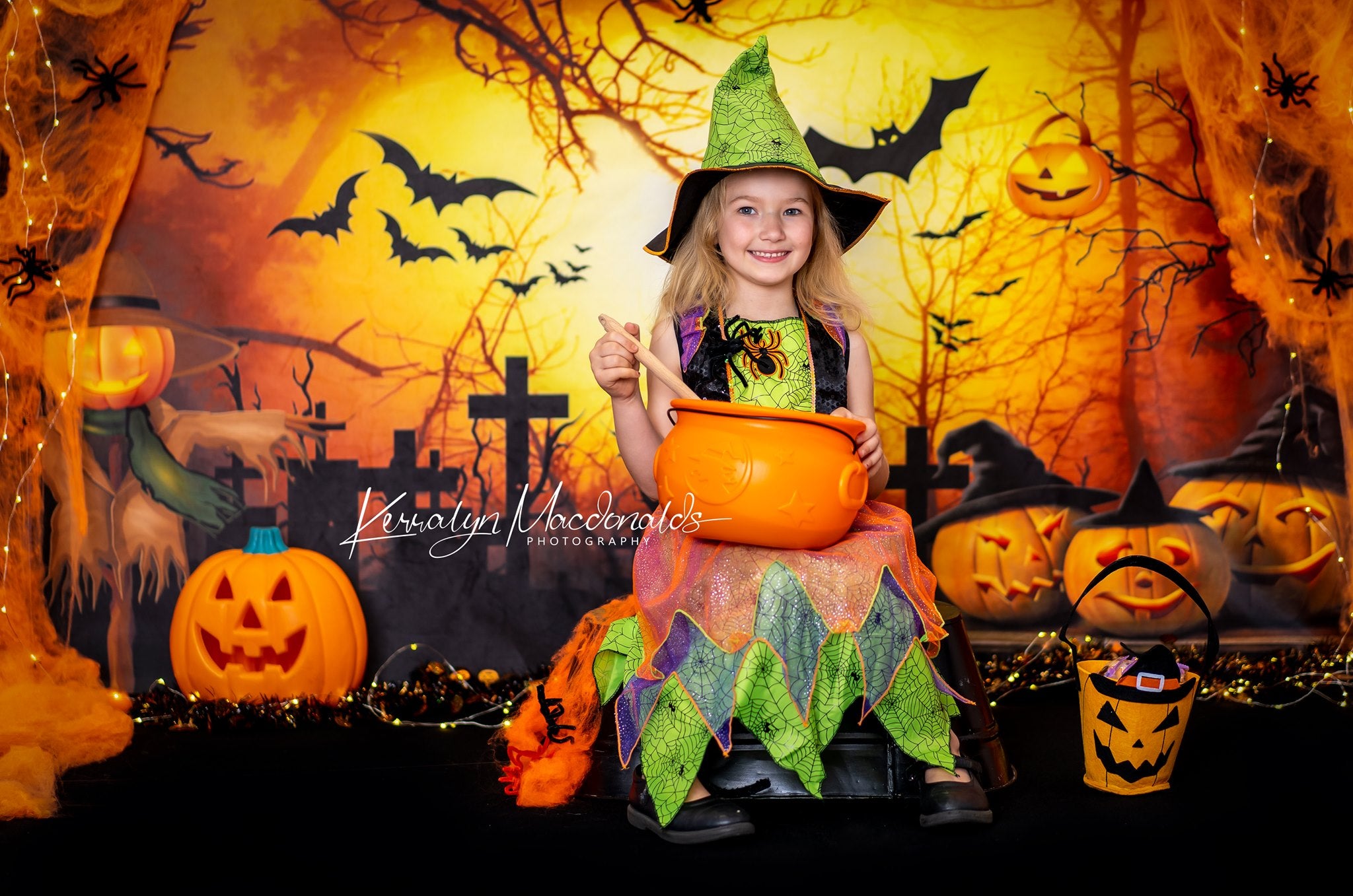 Kate Halloween Cemetery Bats Pumpkin Backdrop Designed by Chain Photography