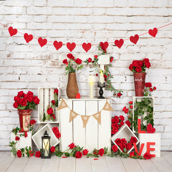 Kate Valentine's Day Roses Stand White Brick Wall Backdrop Designed by Emetselch -UK