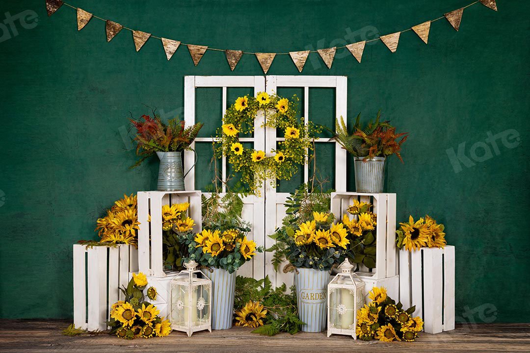 Kate Spring Sunflowers White Door Green Backdrop Designed by Emetselch