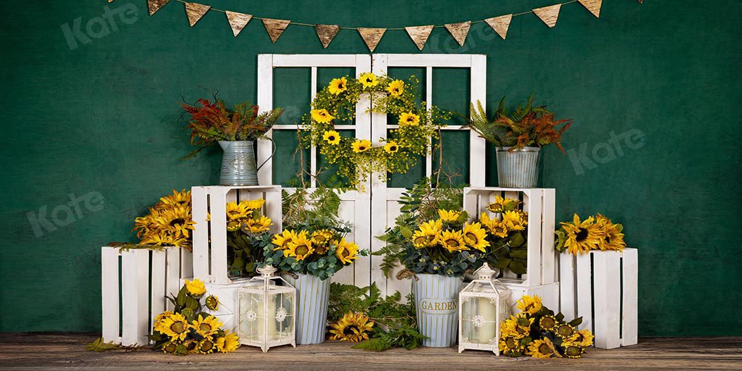 Kate Spring Sunflowers White Door Green Backdrop Designed by Emetselch