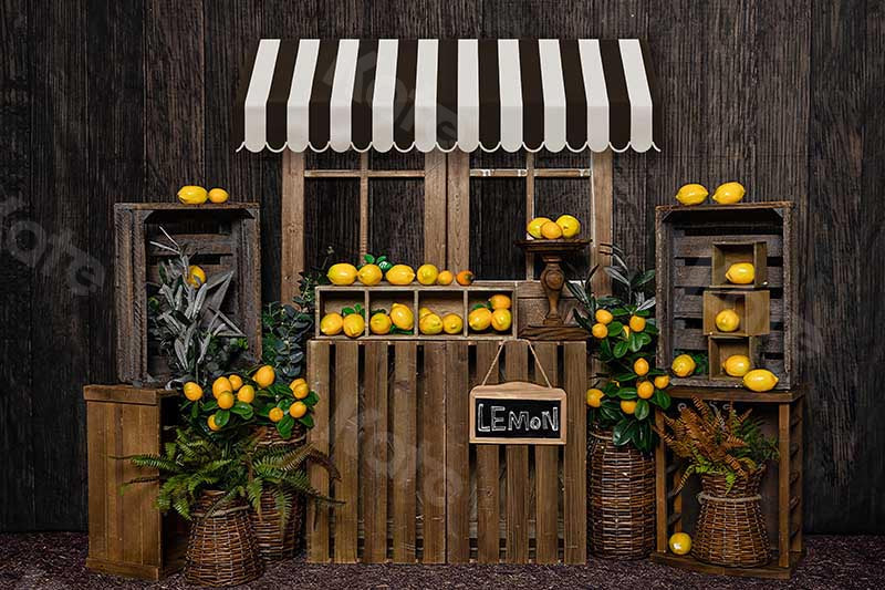 Kate Summer Lemon Stand Wood Wall Backdrop Designed by Emetselch