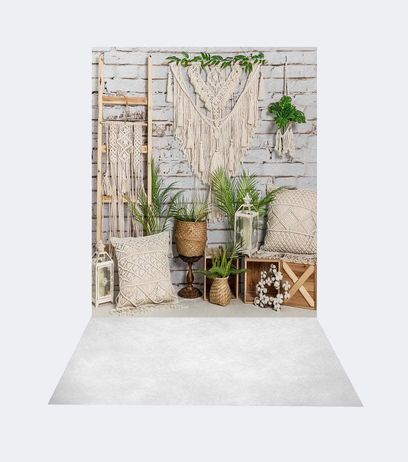 Kate 8x8ft Boho Plants Backdrop + 5x8ft Grey White Rubber Floor Mat for Photography