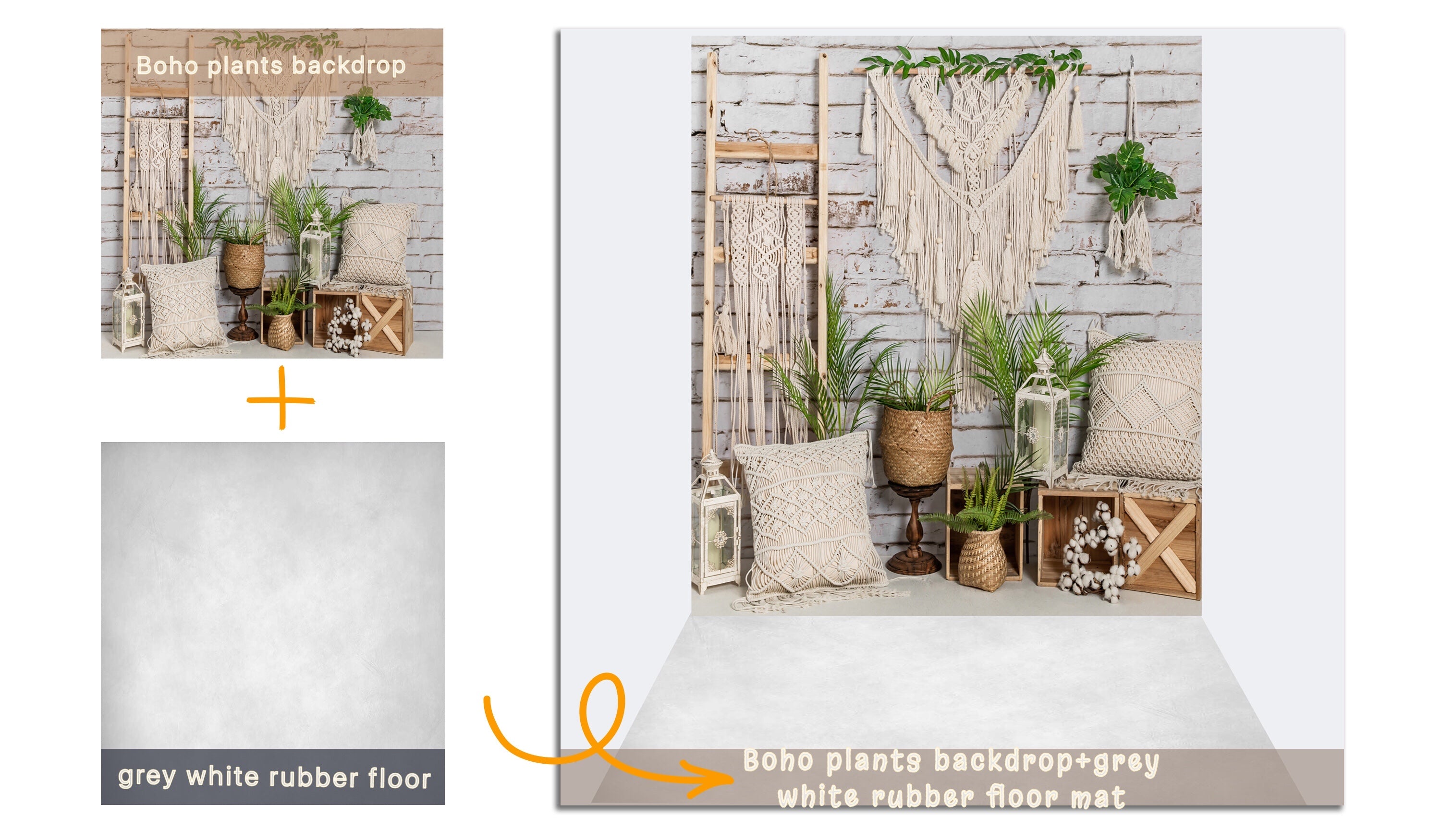 Kate 8x8ft Boho Plants Backdrop + 5x8ft Grey White Rubber Floor Mat for Photography