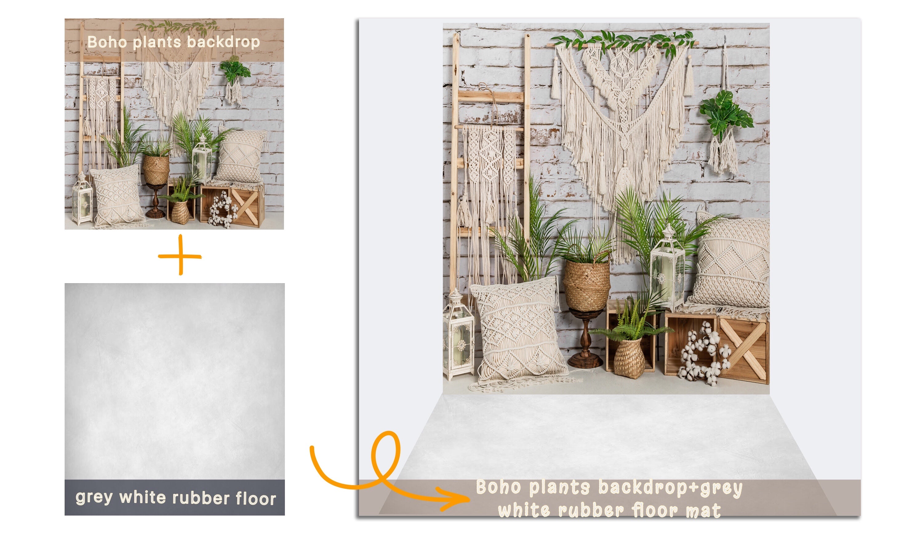Kate 8x8ft Boho Plants Backdrop + 5x8ft Grey White Rubber Floor Mat for Photography -UK