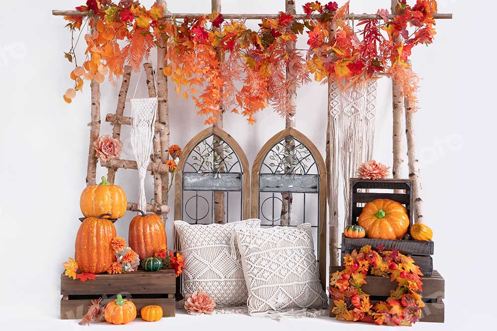 Kate Autumn Pumpkin Maple Leaf Boho Backdrop Designed by Emetselch -UK
