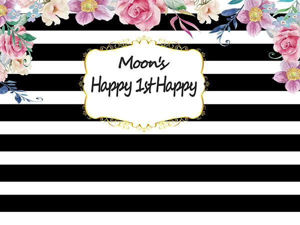 Katebackdrop£ºKate Happy Birthday Backdrop Custom Black And White Stripe Party Flower