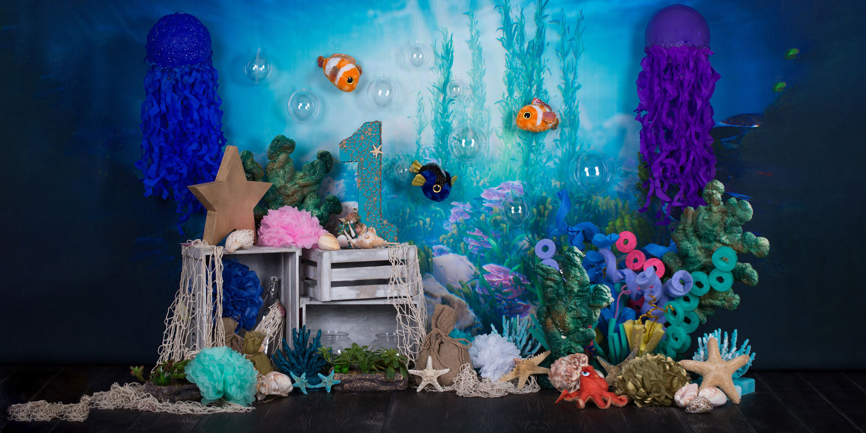 Kate mermaid under sea 1st birthday cake smash backdrop designed by studio gumot
