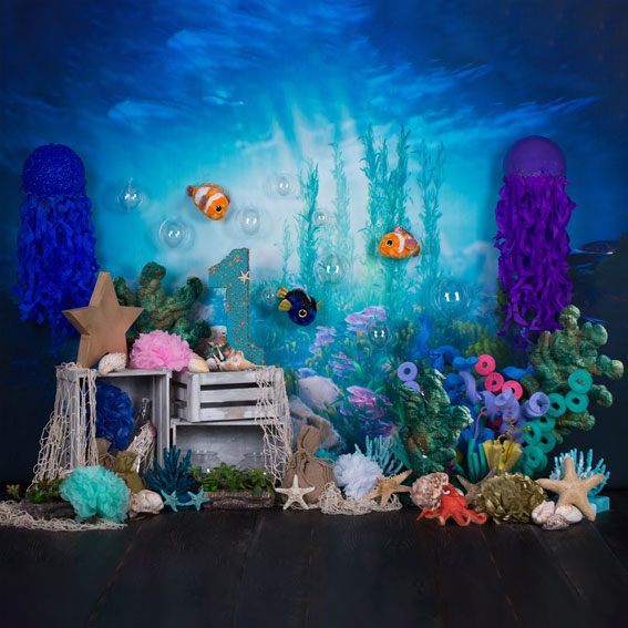 Kate mermaid under sea 1st birthday cake smash backdrop designed by studio gumot