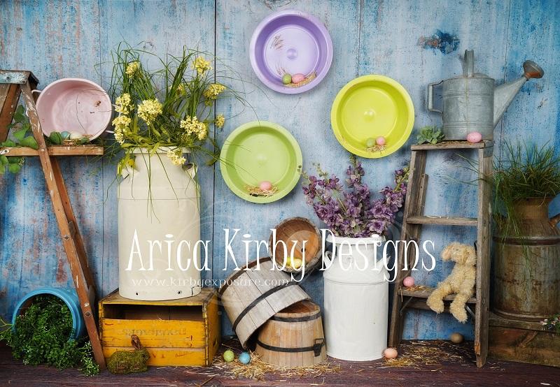 Kate Blue Easter Chicken Coop backdrop designed by Arica Kirby - Kate backdrops UK